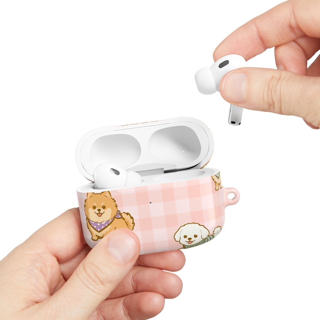 Cute Puppy Gingham AirPod Case | Pink Dog Pattern Glossy Earbud Cover |