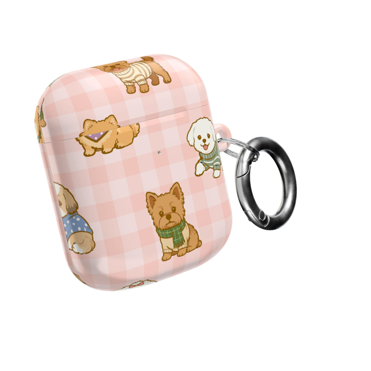 Cute Puppy Gingham AirPod Case | Pink Dog Pattern Glossy Earbud Cover |