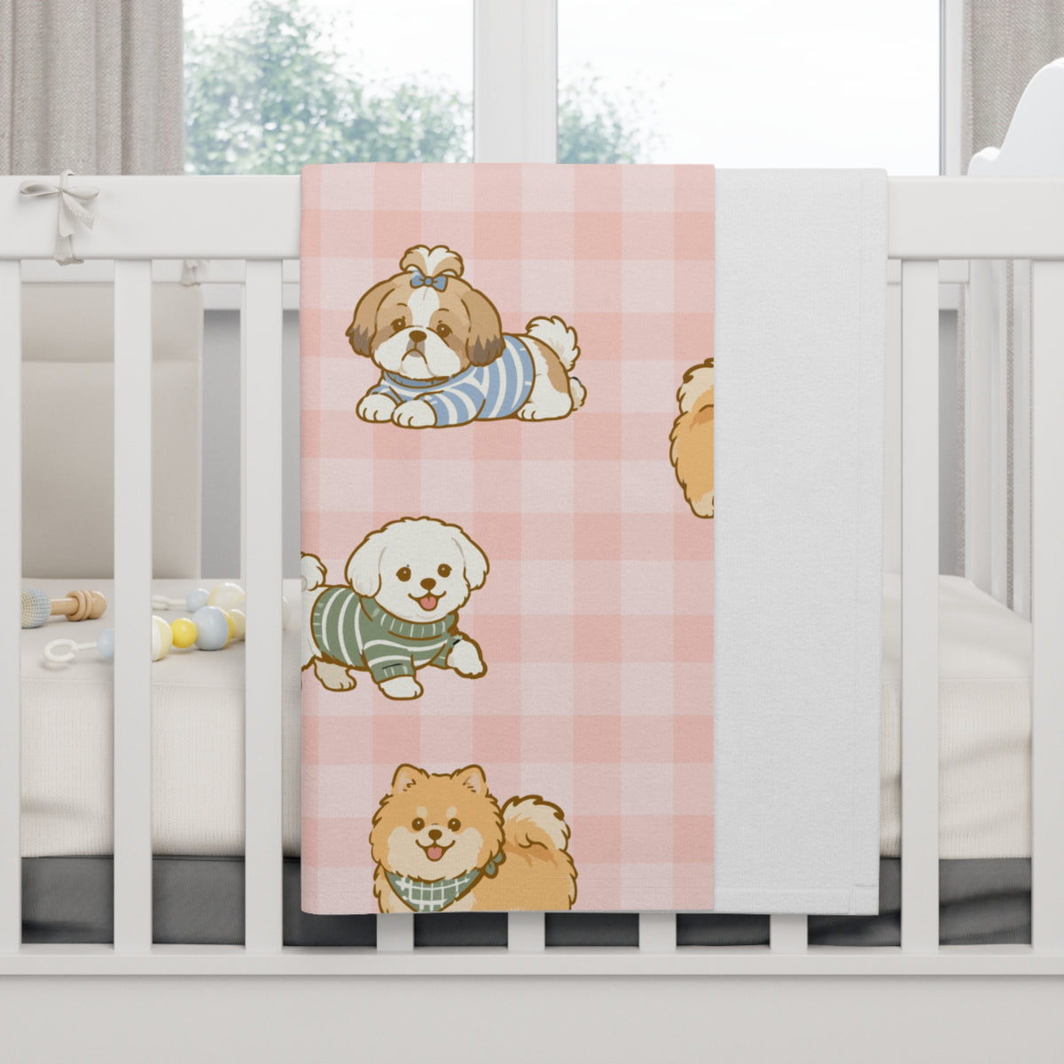 Cute Puppy Baby Fleece Blanket | Pink Gingham Dog Throw | Cozy Infant & Toddler Blanket |