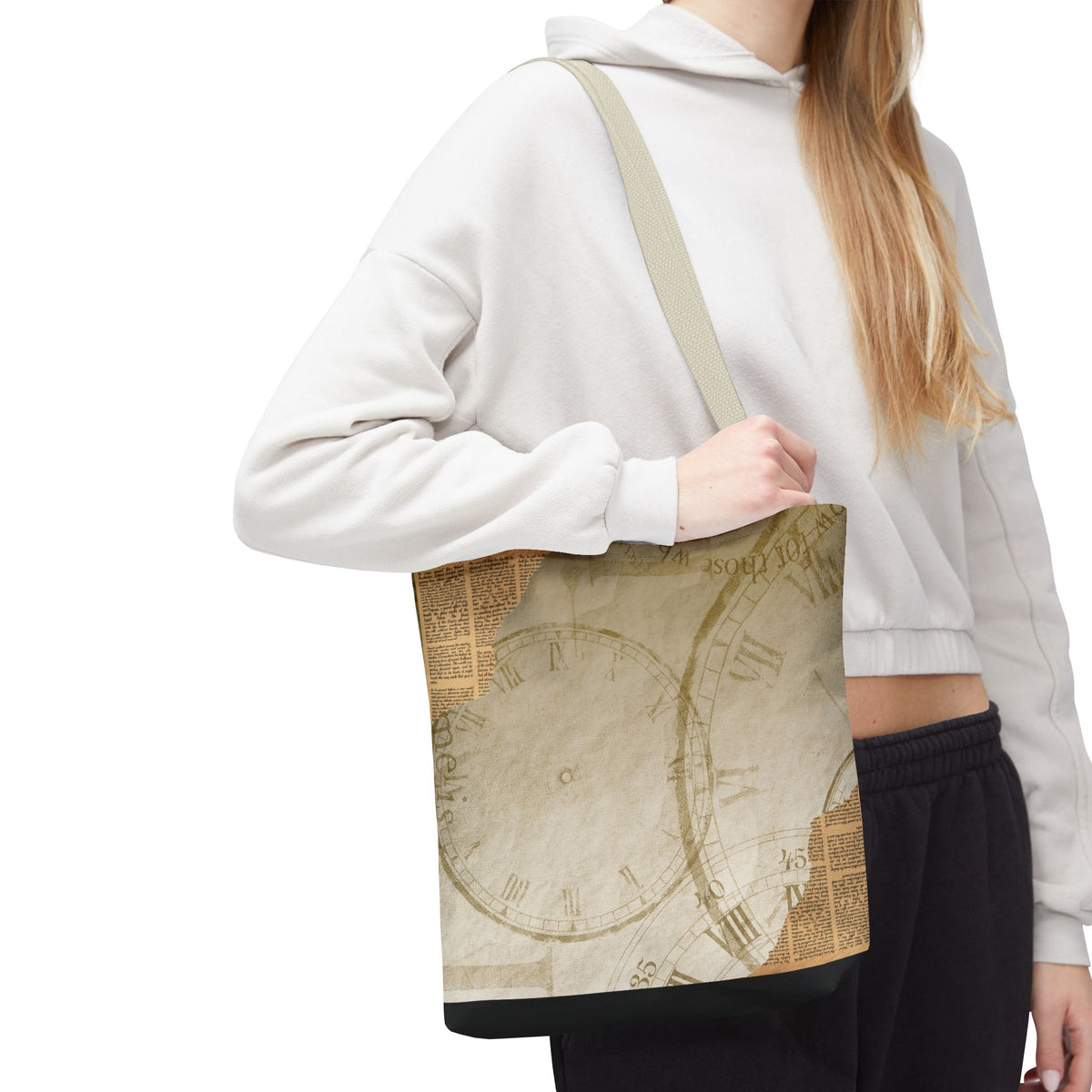 Antique Clock Tote Bag | Vintage Timepiece Print Carry-all Shopper Bag |