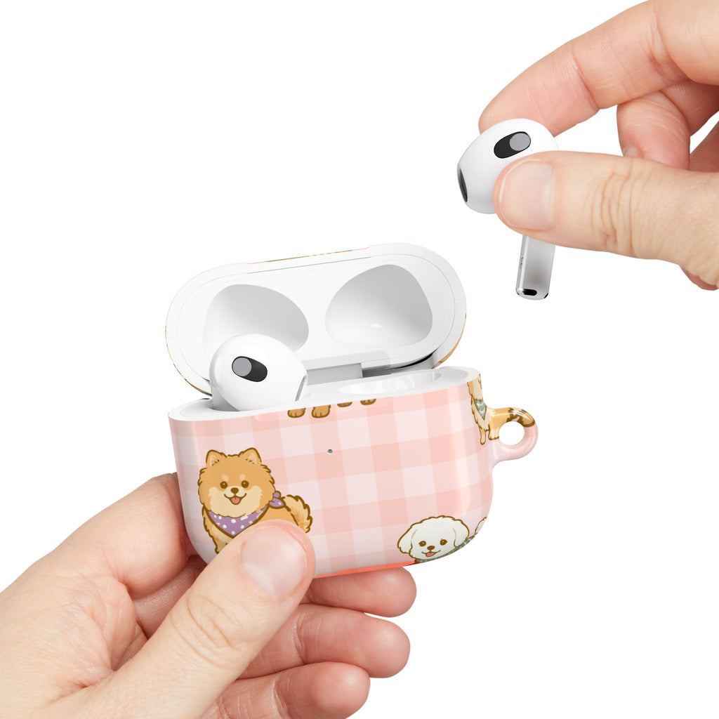 Cute Puppy Gingham AirPod Case | Pink Dog Pattern Glossy Earbud Cover |