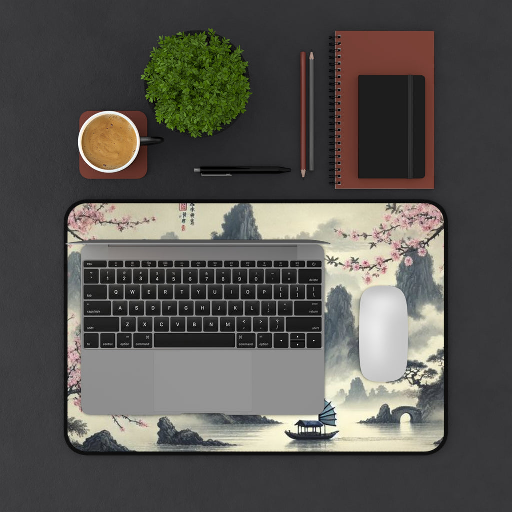 Japanese Landscape Desk Mat | Cherry Blossom Mountain Mouse Pad | Scenic Asian-Inspired Workspace Décor |