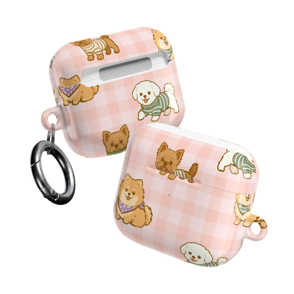 Cute Puppy Gingham AirPod Case | Pink Dog Pattern Glossy Earbud Cover |