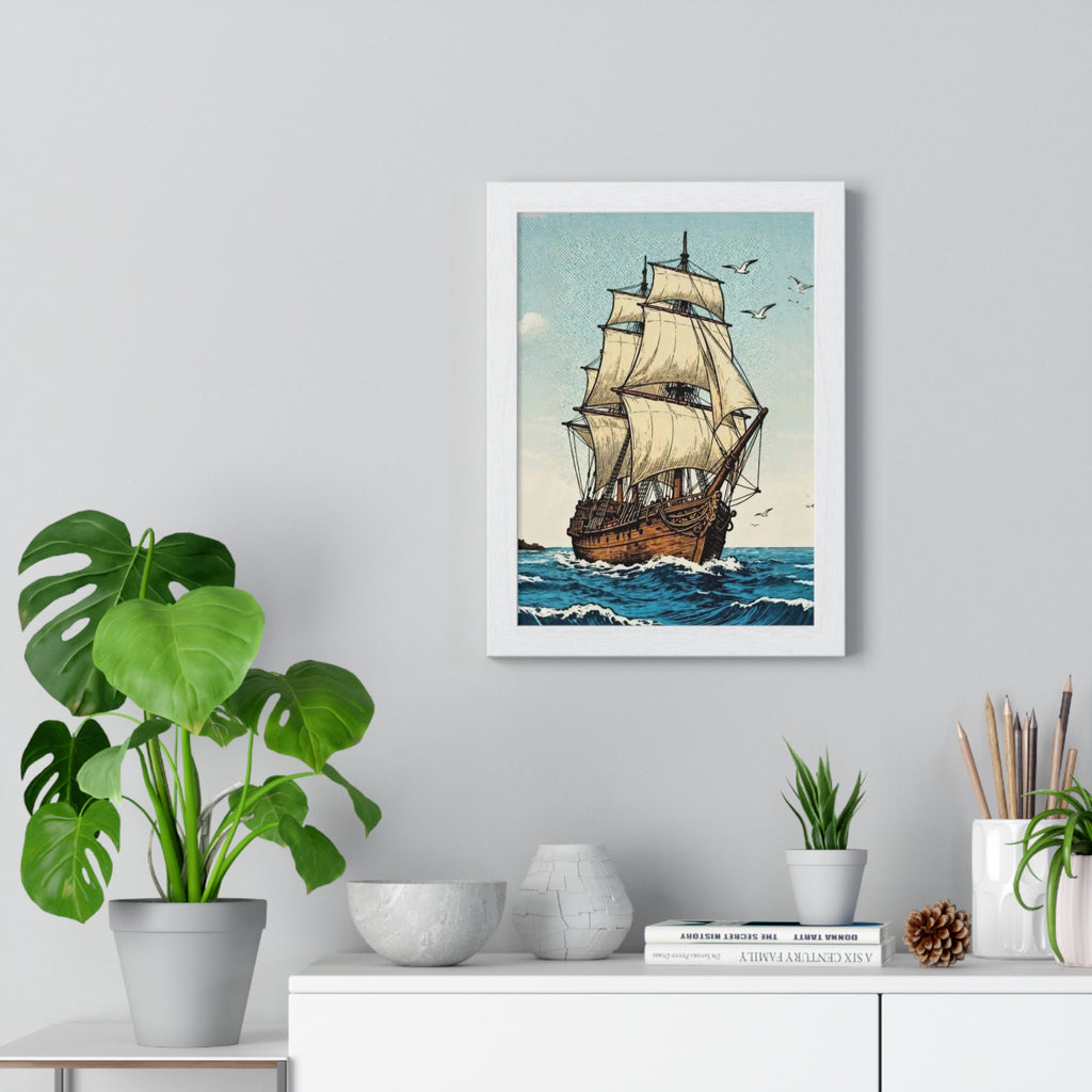 Vintage Sailing Ship Framed Wall Art | Nautical Ocean Print | Coastal Home Décor |