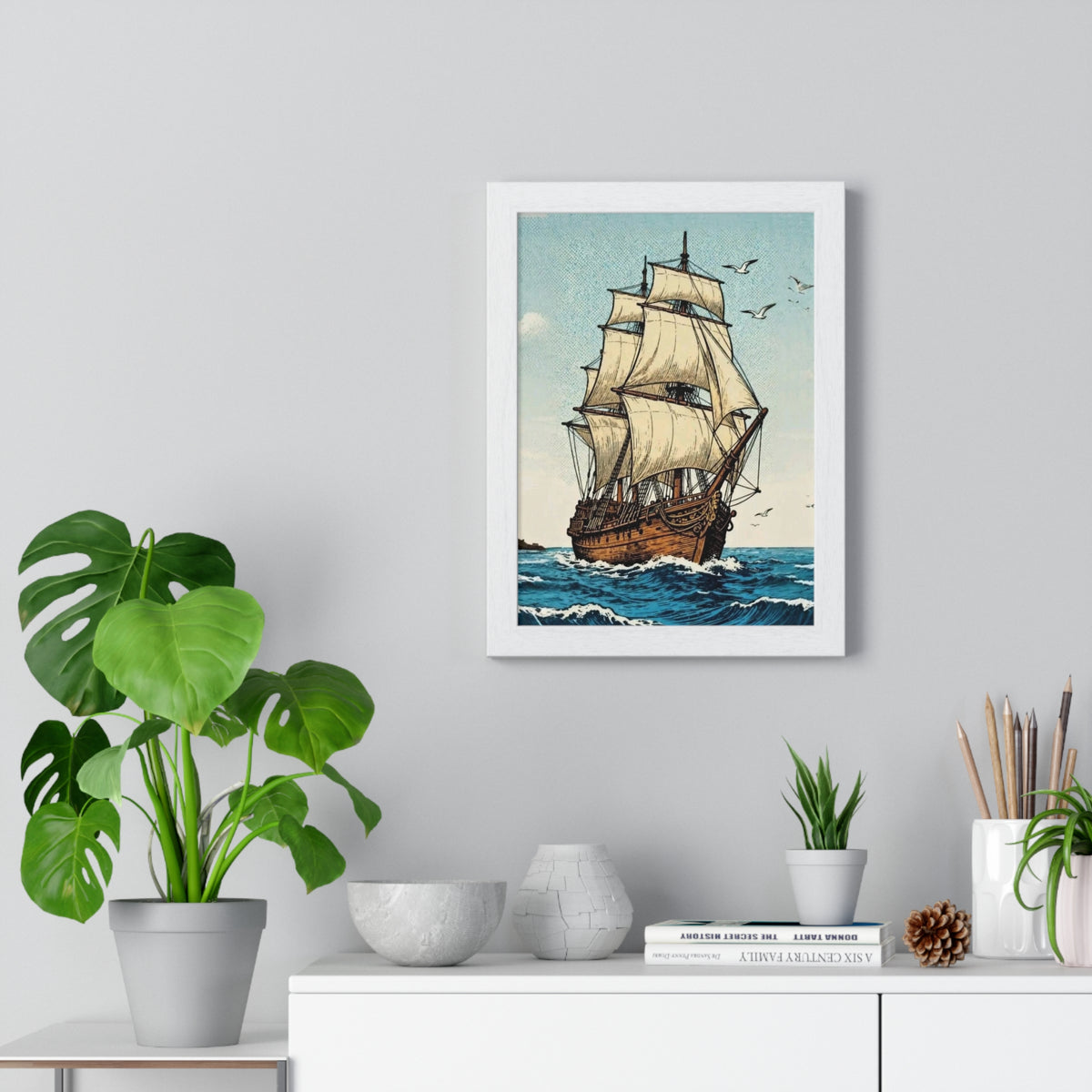 Vintage Sailing Ship Framed Wall Art | Nautical Ocean Print | Coastal Home Décor |
