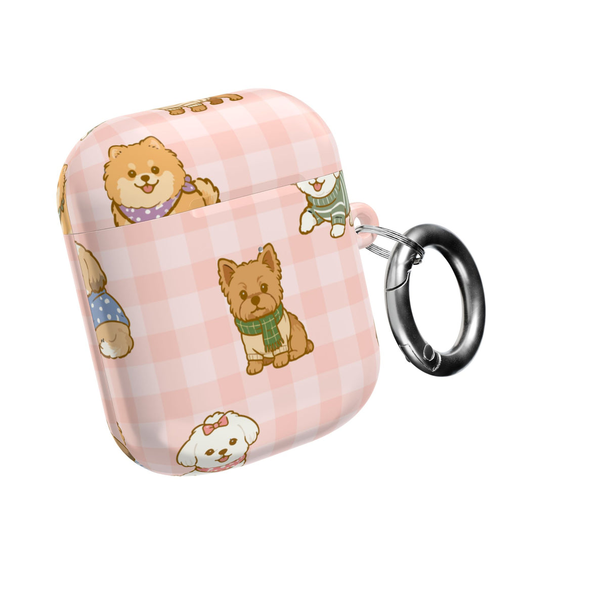 Cute Puppy Gingham AirPod Case | Pink Dog Pattern Glossy Earbud Cover |