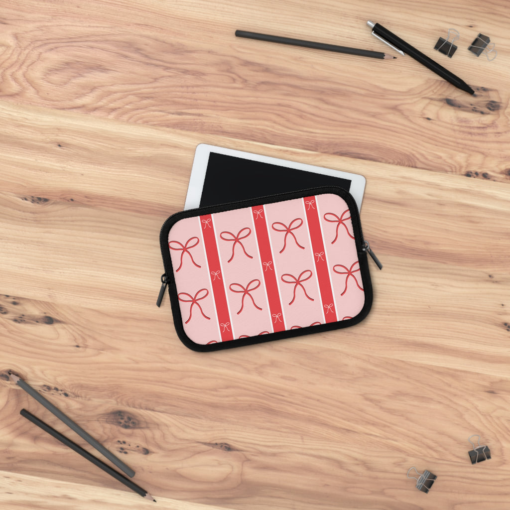 Pink Bow Laptop Sleeve | Cute Ribbon & Stripe Laptop Case | Padded Protective Computer Cover |