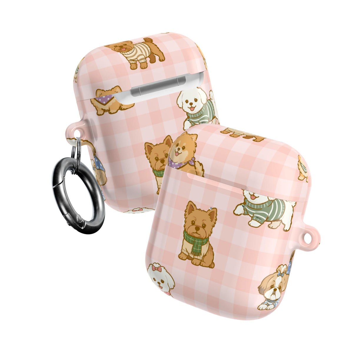 Cute Puppy Gingham AirPod Case | Pink Dog Pattern Glossy Earbud Cover |