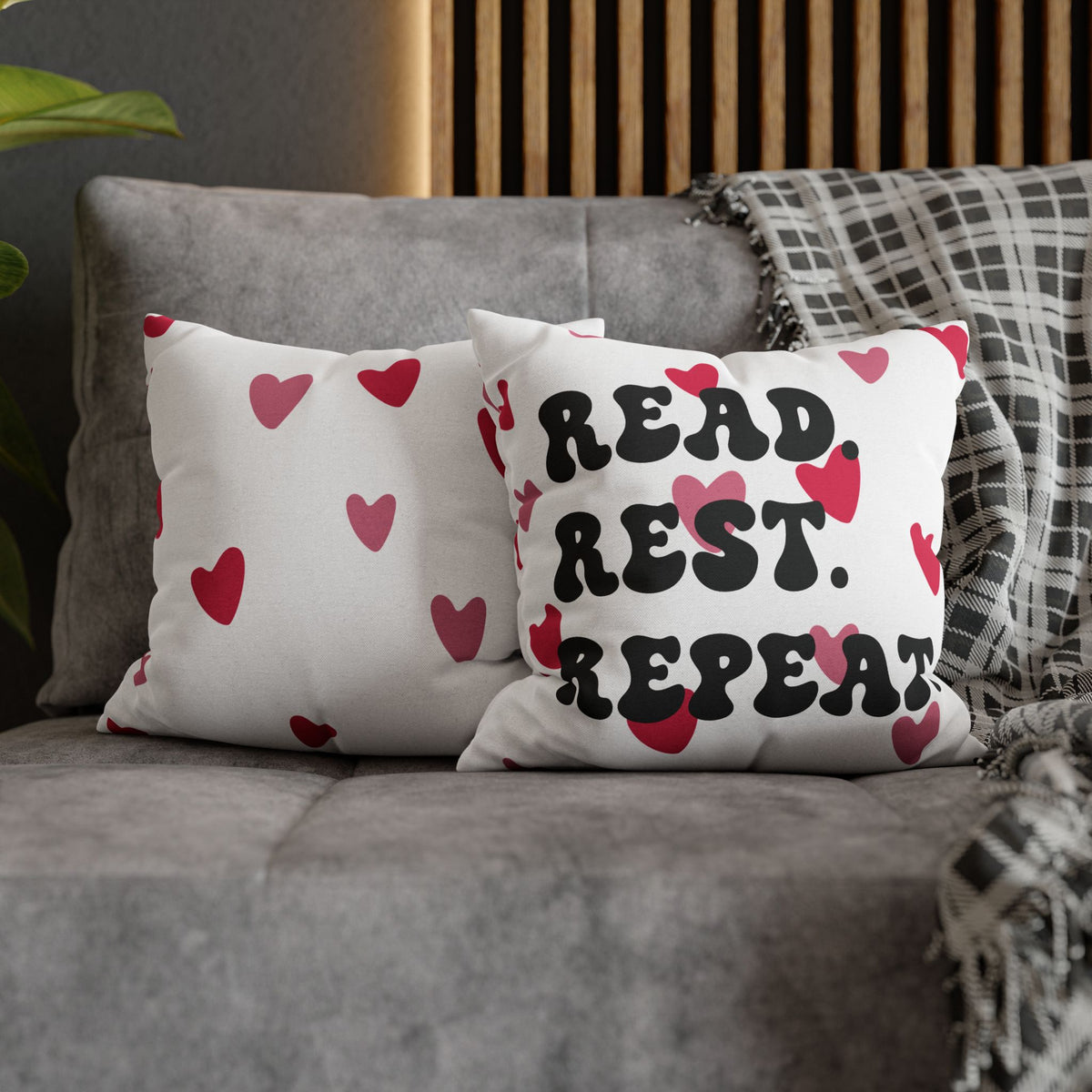 Read Rest Repeat Pillow Cover | Pink Heart Reading Cushion Case | Cozy Book Lover Décor |