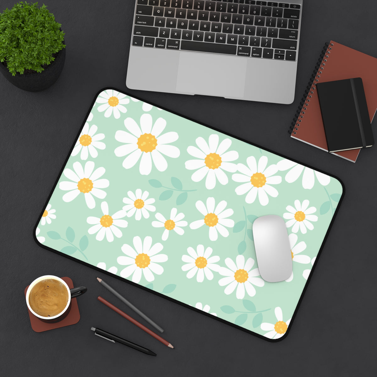 Mint Daisy Meadow Desk Mat | Pastel Floral Mouse Pad | Cute Home Office & Study Desk Mat |