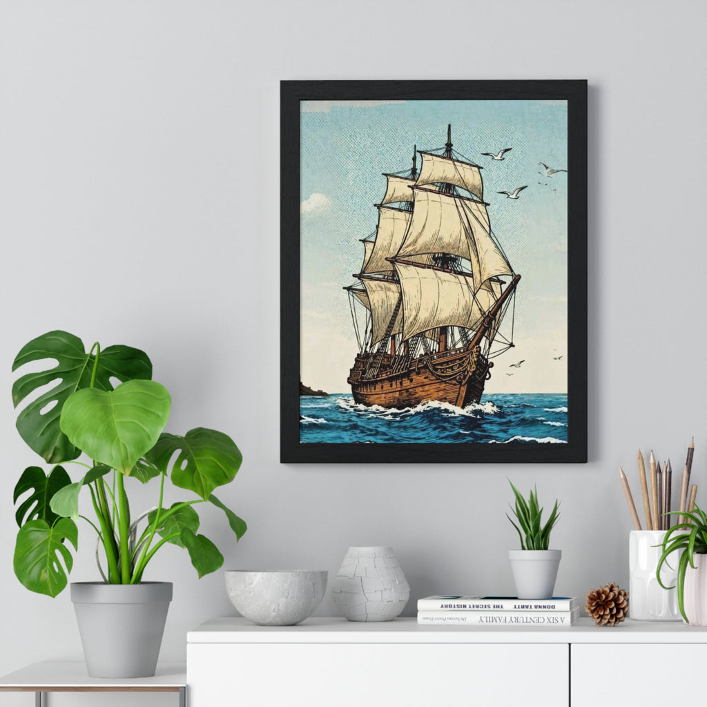 Vintage Sailing Ship Framed Wall Art | Nautical Ocean Print | Coastal Home Décor |