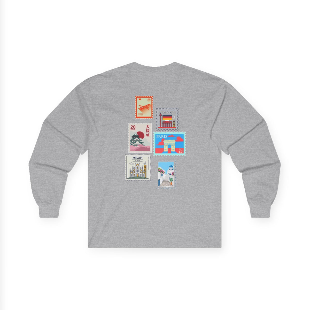 T-shirt à manches longues « Destination Inconnue » | T-shirt graphique vintage avec timbre de voyage | Homme |