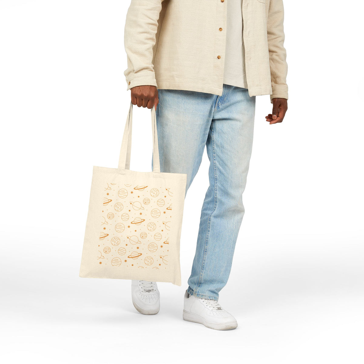 Celestial Planet Canvas Tote Bag | Whimsical Space Graphic Shopper | Heavyweight Cotton Carryall |