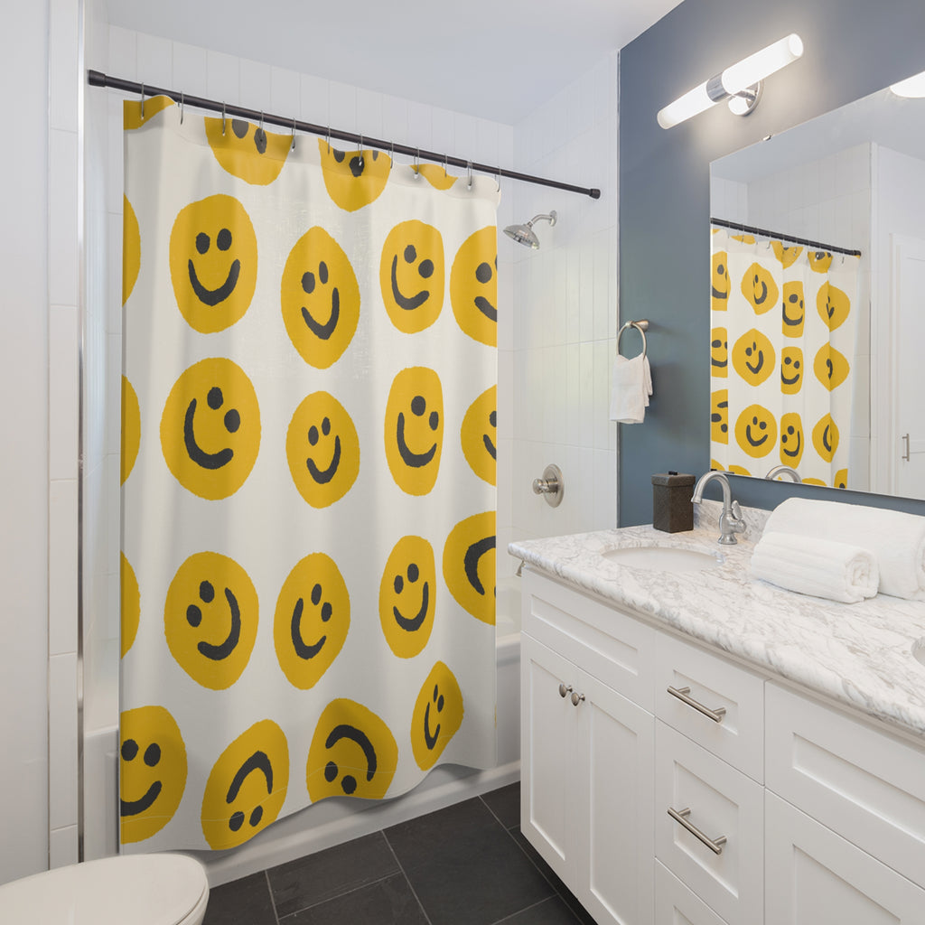 Rideau de douche rétro Smiley | Décoration de salle de bain avec emoji jaune et joyeux | Accessoire de salle de bain mignon |