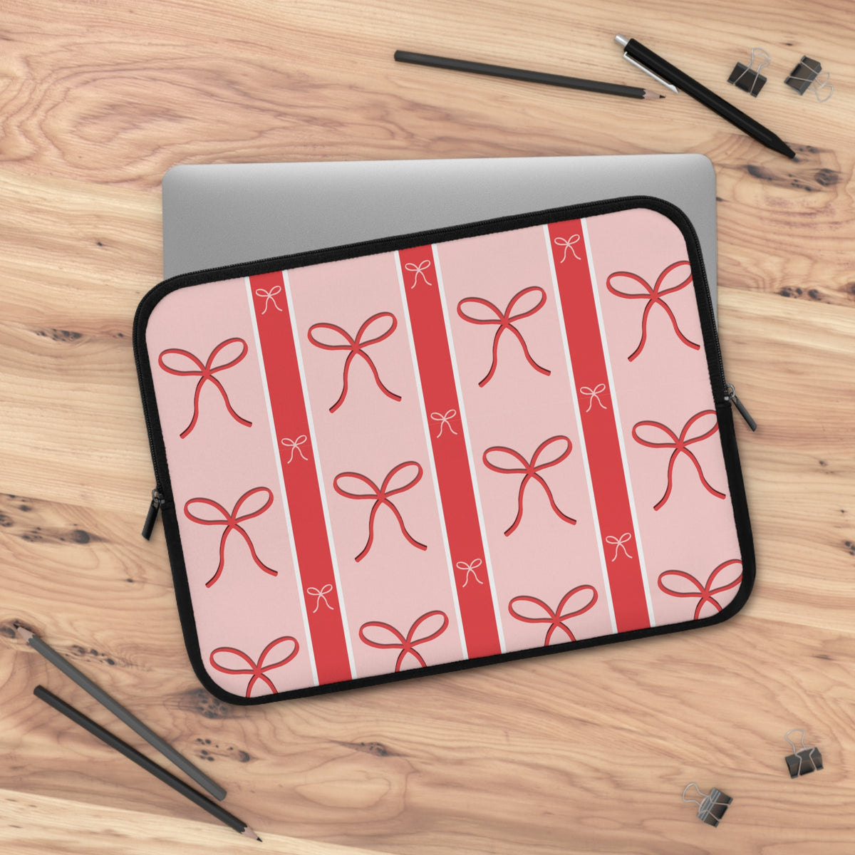Pink Bow Laptop Sleeve | Cute Ribbon & Stripe Laptop Case | Padded Protective Computer Cover |