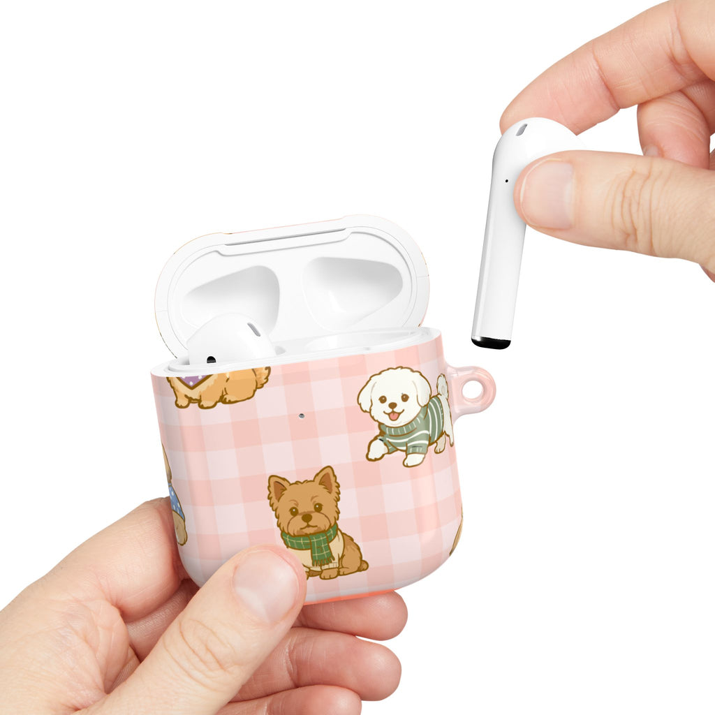 Cute Puppy Gingham AirPod Case | Pink Dog Pattern Glossy Earbud Cover |