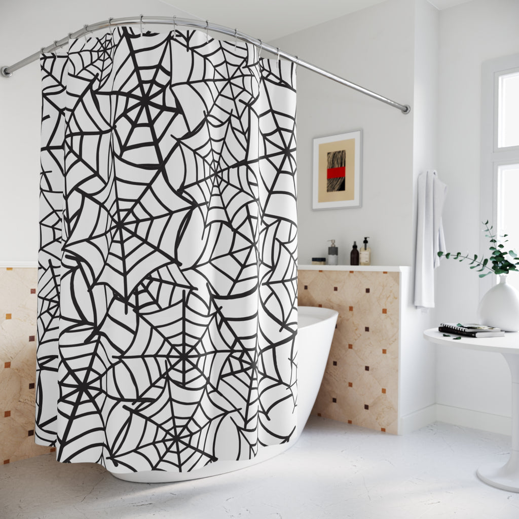 Rideau de douche toile d'araignée noire et blanche | Décoration minimaliste d'Halloween pour salle de bain | Rideau de douche gothique