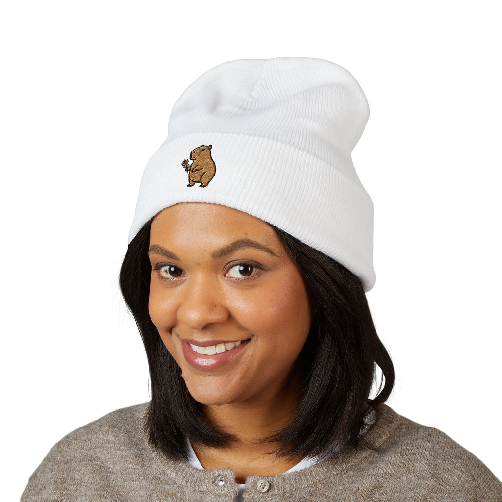 Capybara Embroidered Cuffed Beanie | Cute Animal Winter Hat | Cozy Knit Cap |