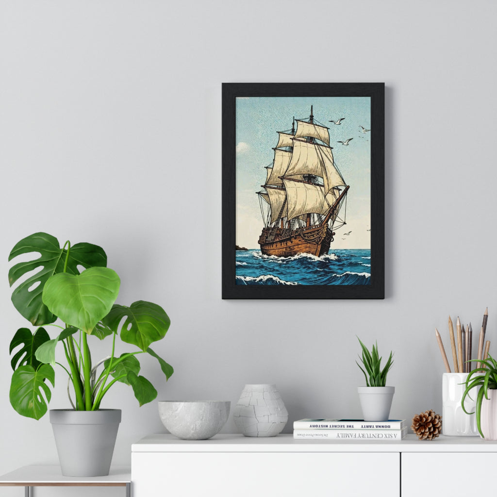Vintage Sailing Ship Framed Wall Art | Nautical Ocean Print | Coastal Home Décor |