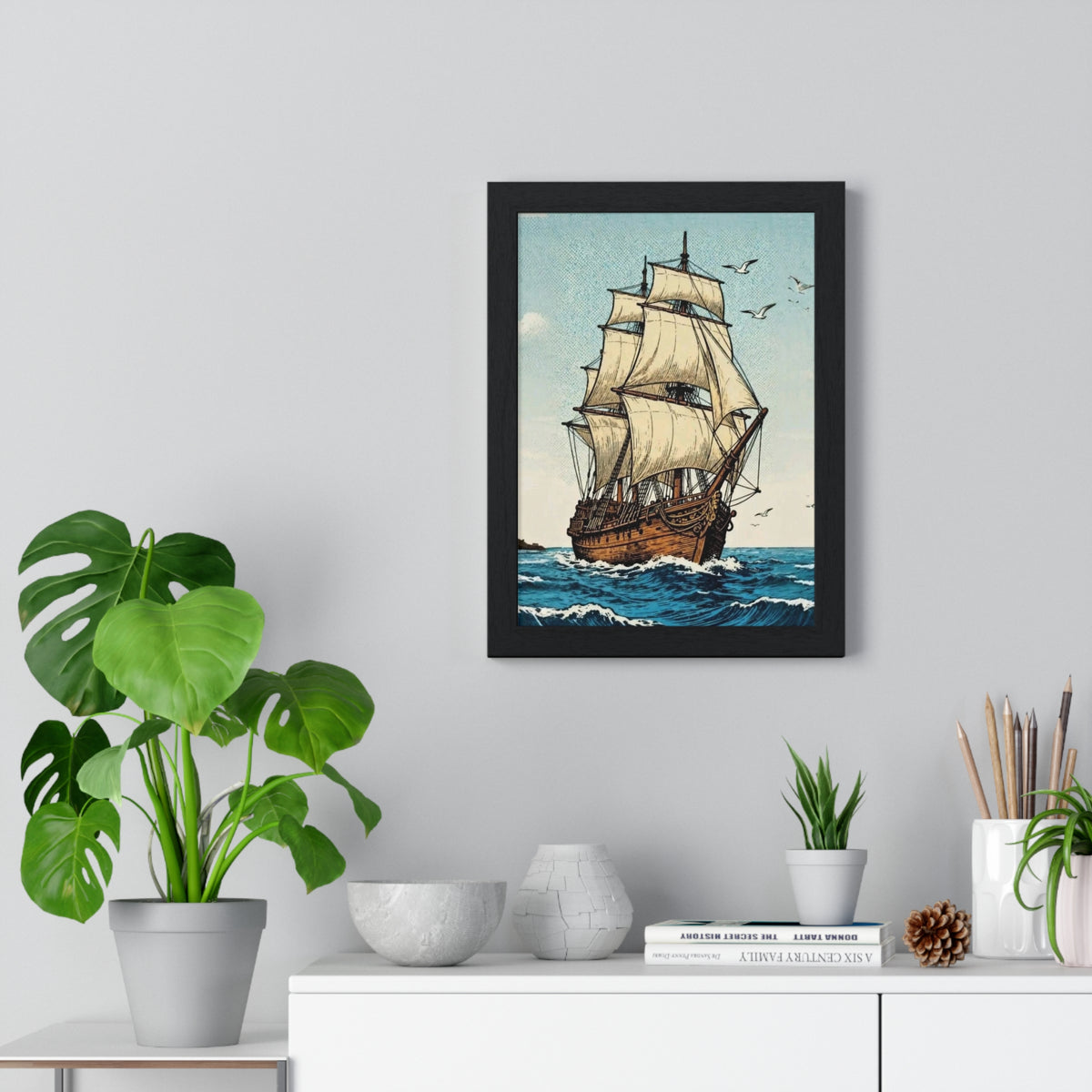 Vintage Sailing Ship Framed Wall Art | Nautical Ocean Print | Coastal Home Décor |