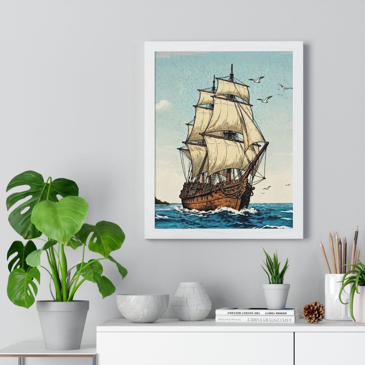 Vintage Sailing Ship Framed Wall Art | Nautical Ocean Print | Coastal Home Décor |