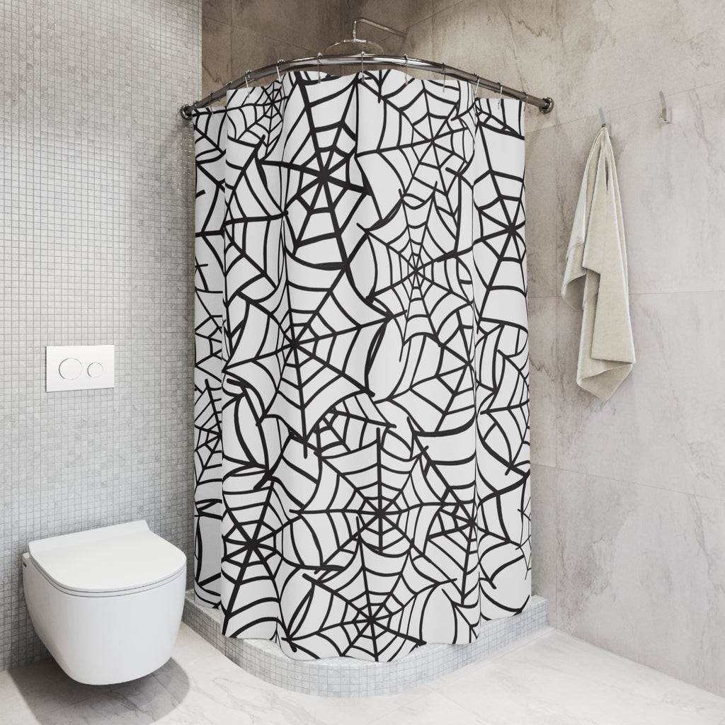 Rideau de douche toile d'araignée noire et blanche | Décoration minimaliste d'Halloween pour salle de bain | Rideau de douche gothique