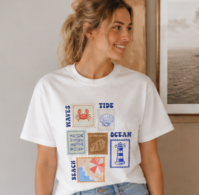 Ocean Postage Stamp T-Shirt | Beach & Waves Graphic Tee | Coastal Summer Shirt |