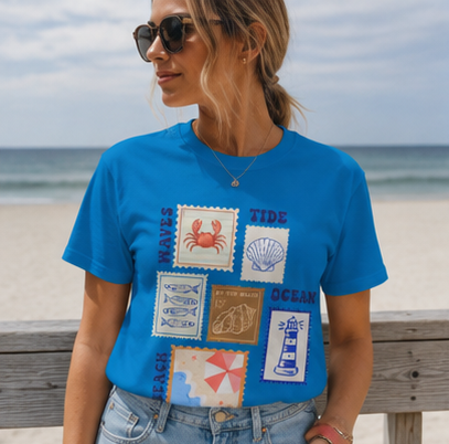 Ocean Postage Stamp T-Shirt | Beach & Waves Graphic Tee | Coastal Summer Shirt |