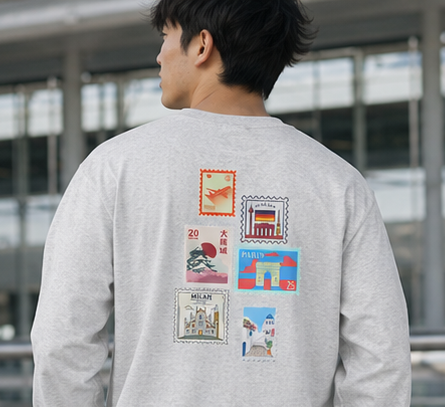 T-shirt à manches longues « Destination Inconnue » | T-shirt graphique vintage avec timbre de voyage | Homme |