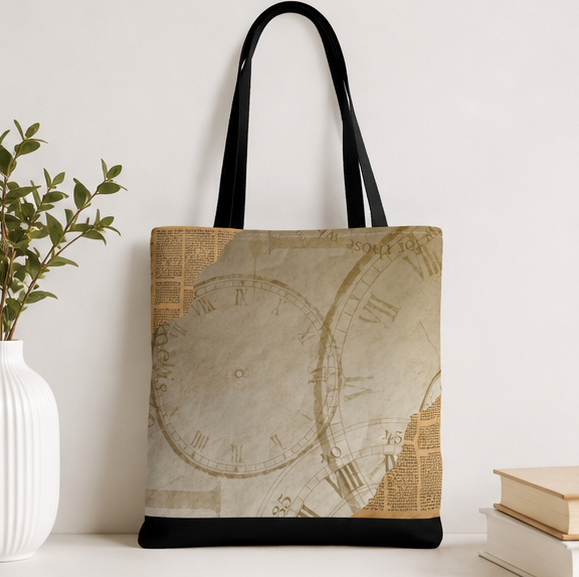 Antique Clock Tote Bag | Vintage Timepiece Print Carry-all Shopper Bag |