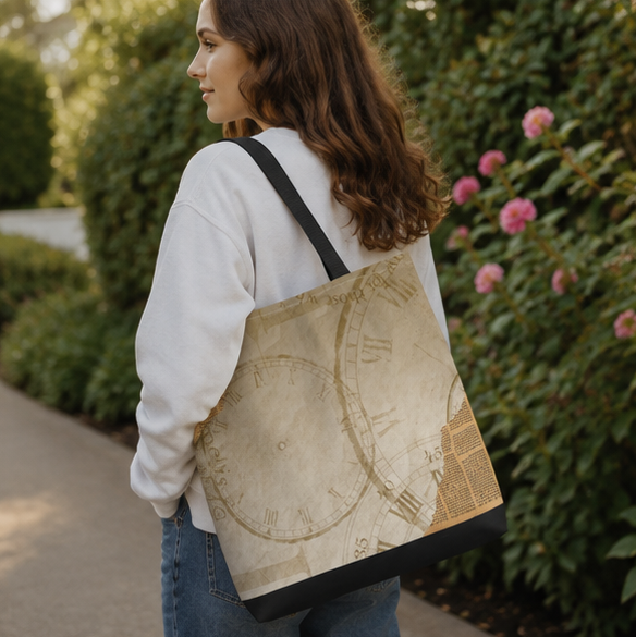 Antique Clock Tote Bag | Vintage Timepiece Print Carry-all Shopper Bag |