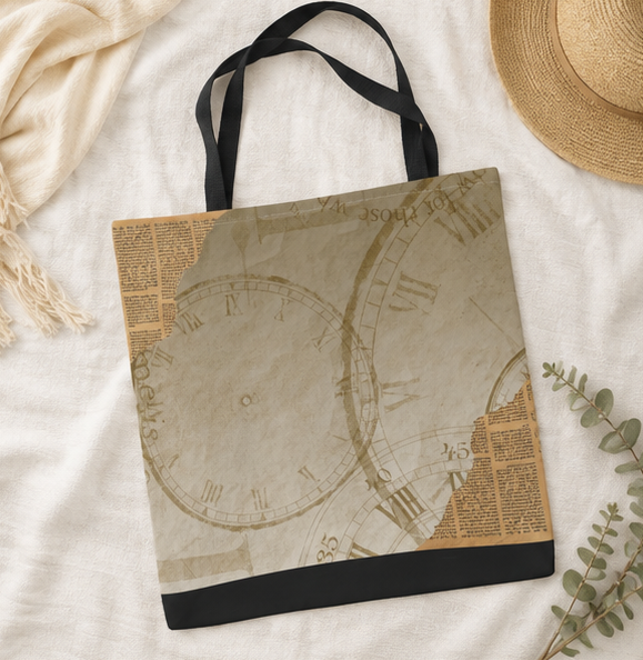 Antique Clock Tote Bag | Vintage Timepiece Print Carry-all Shopper Bag |