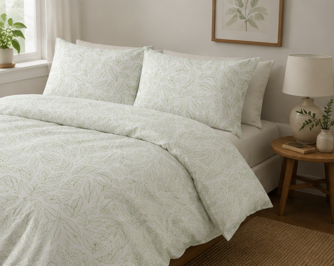 Leaf Print Cotton Bed Set | Sage Green Botanical Duvet Cover & Pillowcases |