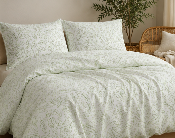 Leaf Print Cotton Bed Set | Sage Green Botanical Duvet Cover & Pillowcases |