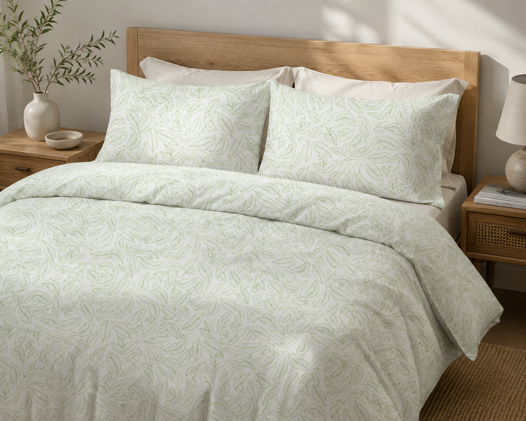 Leaf Print Cotton Bed Set | Sage Green Botanical Duvet Cover & Pillowcases |