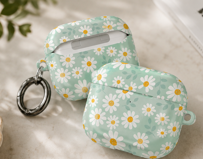 Mint Daisy AirPods Case | Floral Protective Charging Cover | Cute Spring-Inspired Case with Carabiner |