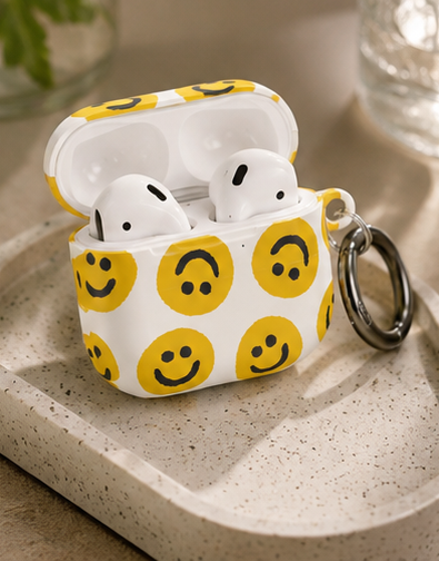 Smiley Face AirPods Case | Yellow Happy Face Glossy Protective Earbud Cover |
