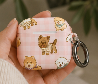 Cute Puppy Gingham AirPod Case | Pink Dog Pattern Glossy Earbud Cover |