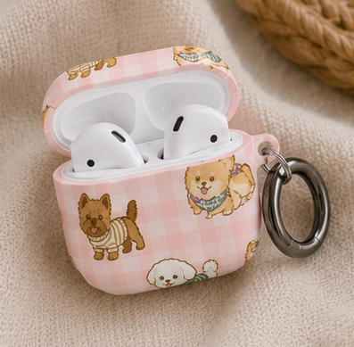 Cute Puppy Gingham AirPod Case | Pink Dog Pattern Glossy Earbud Cover |