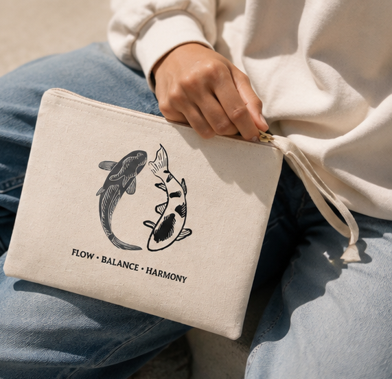 Koi Fish Canvas Zipper Pouch | Japanese-Inspired Balance & Harmony Bag |