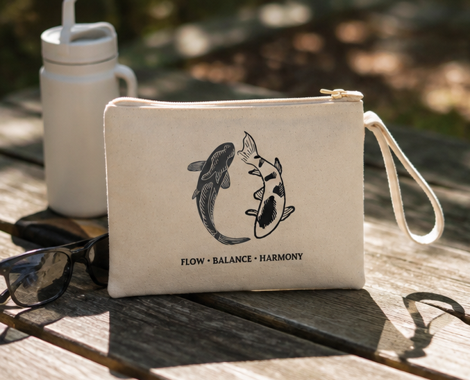 Koi Fish Canvas Zipper Pouch | Japanese-Inspired Balance & Harmony Bag |