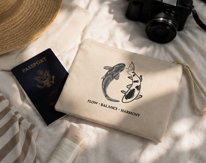 Koi Fish Canvas Zipper Pouch | Japanese-Inspired Balance & Harmony Bag |