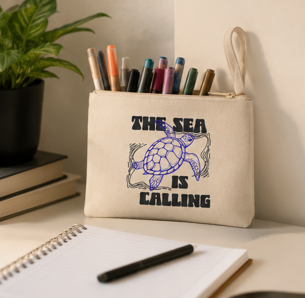 The Sea Is Calling Zipper Pouch | Coastal Sea Turtle Canvas Bag |