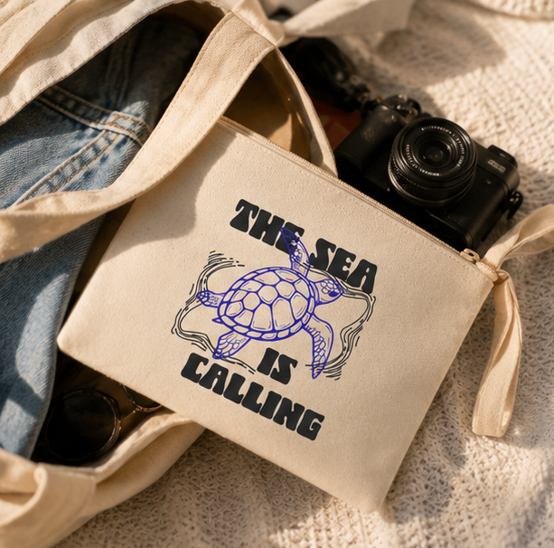 The Sea Is Calling Zipper Pouch | Coastal Sea Turtle Canvas Bag |