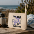 The Sea Is Calling Zipper Pouch | Coastal Sea Turtle Canvas Bag |