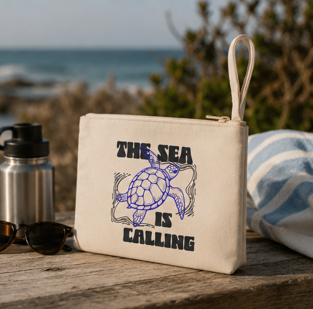 The Sea Is Calling Zipper Pouch | Coastal Sea Turtle Canvas Bag |