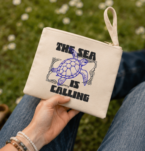 The Sea Is Calling Zipper Pouch | Coastal Sea Turtle Canvas Bag |