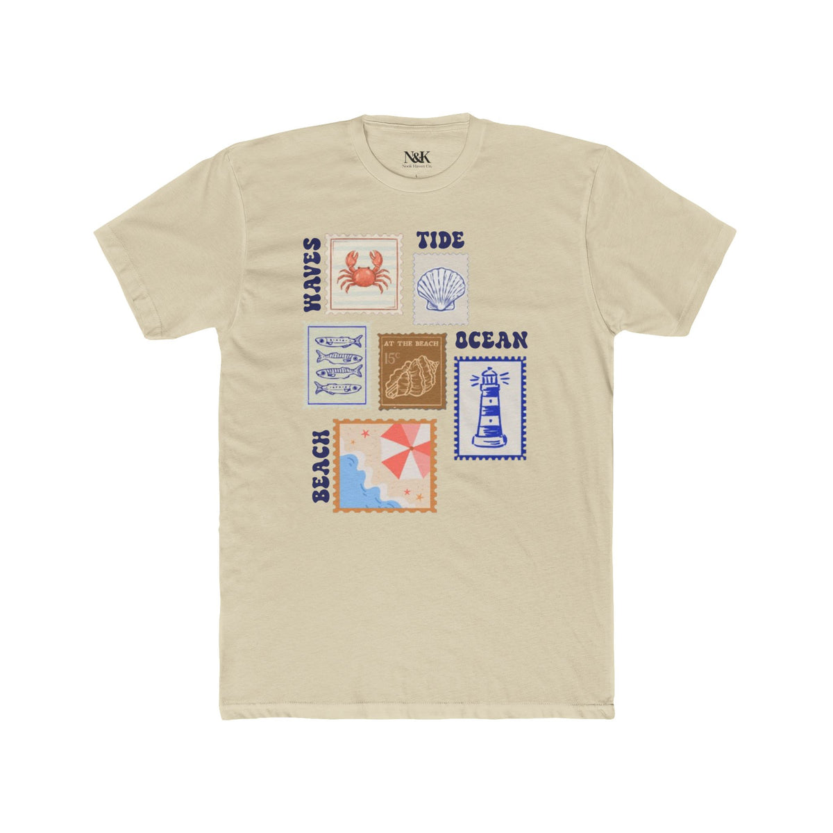 T-Shirt Timbre Océan | T-Shirt Imprimé Plage et Vagues | T-Shirt Été Côtier |