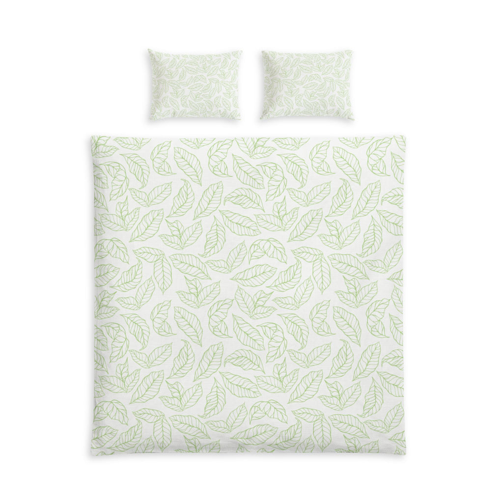 Leaf Print Cotton Bed Set | Sage Green Botanical Duvet Cover & Pillowcases |