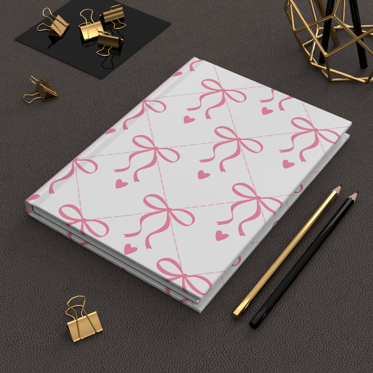 Pink Bow & Heart Hardcover Journal | Cute Ribbon Pattern Notebook |